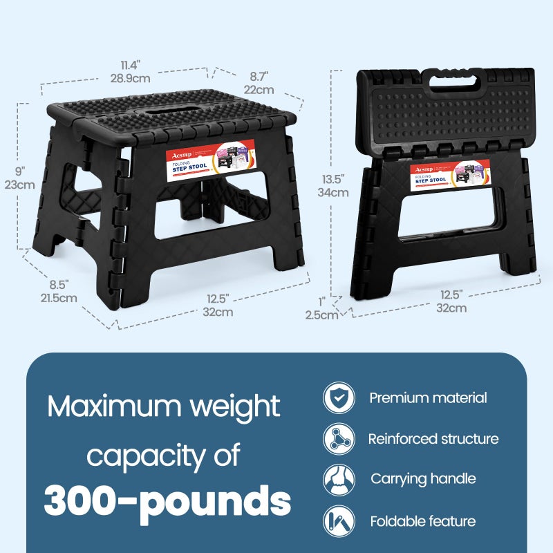 ACSTEP 9 Inch Folding Step Stool 300 LB Capacity Non Slip Foot Stool with Handle Plastic Foldable Step Stools for Kids Stepping Stool for Bathroom Black Small Step Stool (1 PC Black) - Image 4