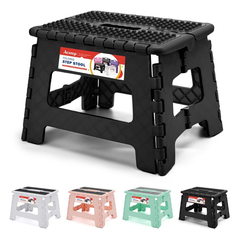 ACSTEP 9 Inch Folding Step Stool 300 LB Capacity Non Slip Foot Stool with Handle Plastic Foldable Step Stools for Kids Stepping Stool for Bathroom Black Small Step Stool (1 PC Black) - Image 1