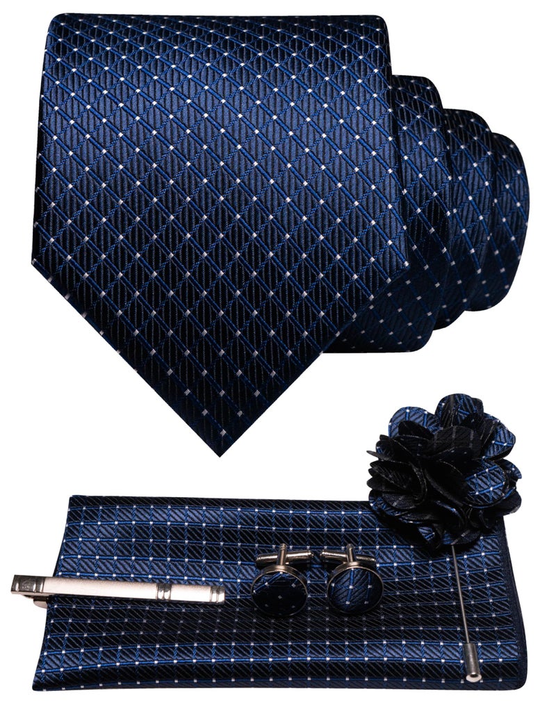 JEMYGINS Mens Navy Dot Tie Necktie and Pocket Square with Lapel Pin,Cufflinks,Tie Clip Sets 5PCS(6) - Image 1