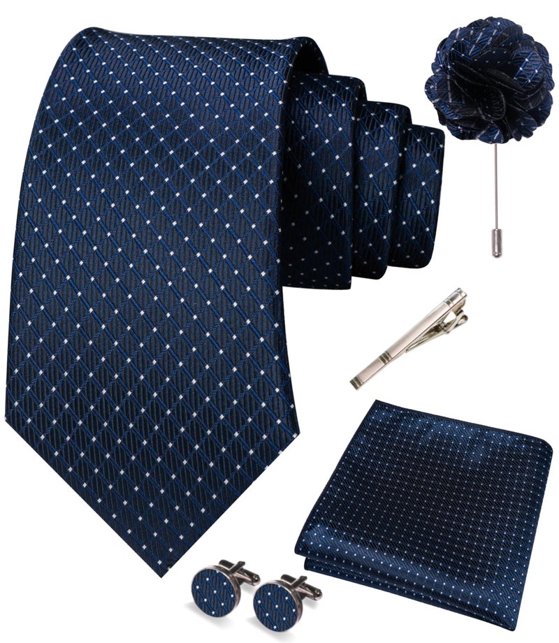 JEMYGINS Mens Navy Dot Tie Necktie and Pocket Square with Lapel Pin,Cufflinks,Tie Clip Sets 5PCS(6) - Image 3
