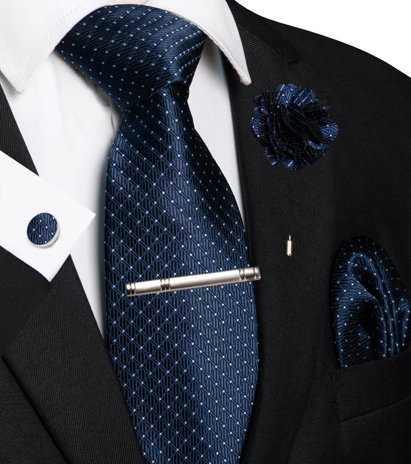 JEMYGINS Mens Navy Dot Tie Necktie and Pocket Square with Lapel Pin,Cufflinks,Tie Clip Sets 5PCS(6) - Image 2