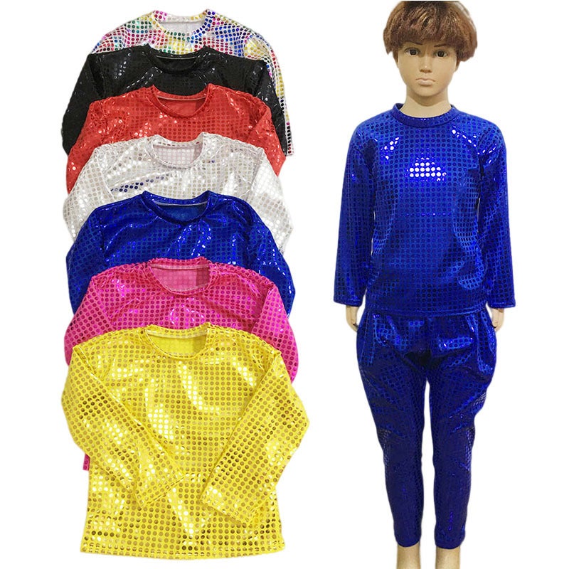 Boys And Girls Adult Stage Costume Laser Wave Dot Sequins Children'S Top Long Sleeve T Round Neck - Image 2
