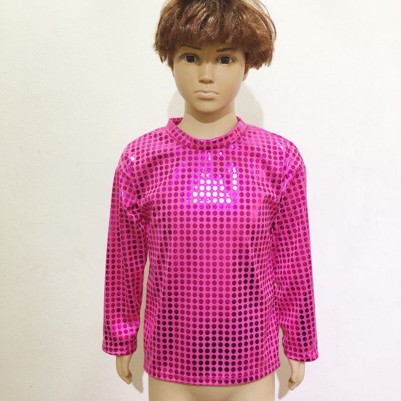 Boys And Girls Adult Stage Costume Laser Wave Dot Sequins Children'S Top Long Sleeve T Round Neck - Image 3