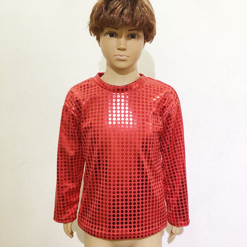 Boys And Girls Adult Stage Costume Laser Wave Dot Sequins Children'S Top Long Sleeve T Round Neck - Image 1