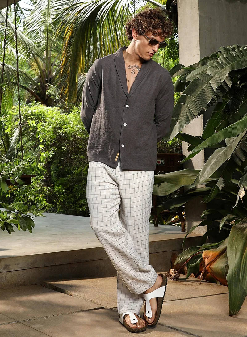 Campus Sutra Campus Sutra Men's Charcoal Grey Solid Shawl Collar Oversized Shirt For Casual Wear | Shawl Collar | Long Cuffed Sleeves | Button Closure | Oversized Shirt Crafted With Comfort Fit For Everyday Wear