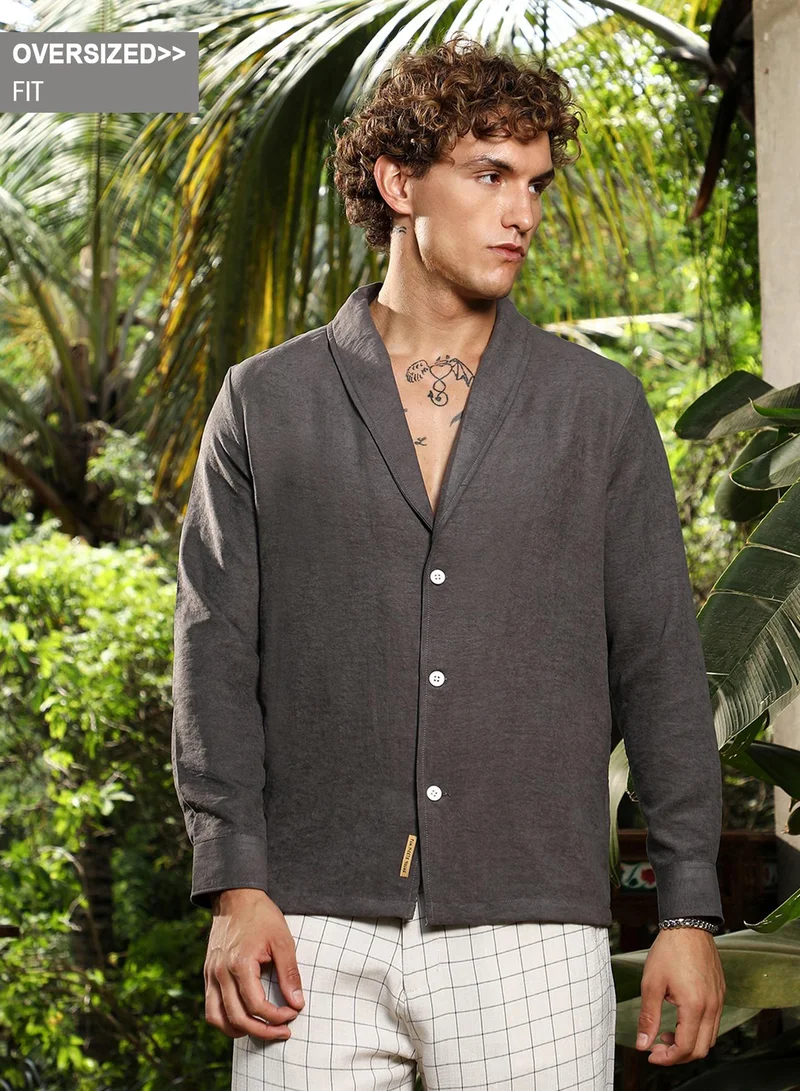 Campus Sutra Campus Sutra Men's Charcoal Grey Solid Shawl Collar Oversized Shirt For Casual Wear | Shawl Collar | Long Cuffed Sleeves | Button Closure | Oversized Shirt Crafted With Comfort Fit For Everyday Wear