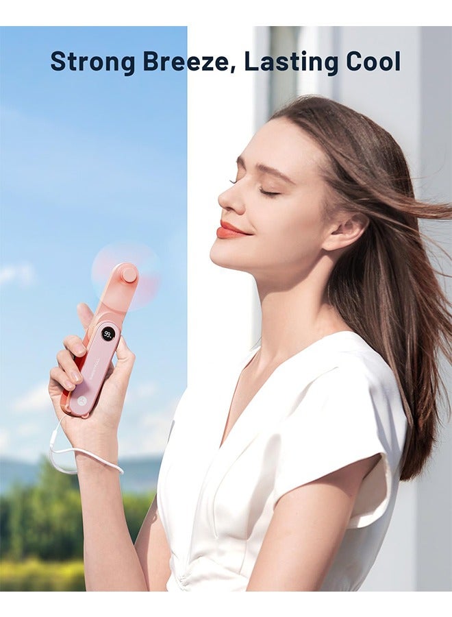 Loquat Portable Handheld Fan , Quiet mini Fan with LED Display, 2-in-1 Personal Foldable USB Rechargeable Handheld Fan u0026 Flashlight for Home , Travel, Commute, Makeup, Office, Cute Little Pocket Fan (P - Image 2
