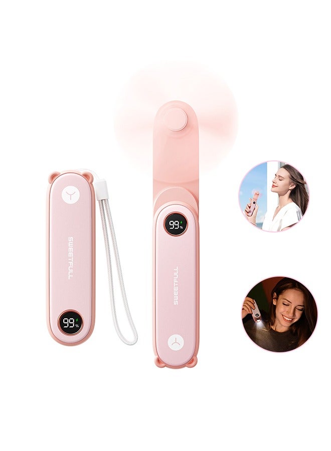 Loquat Portable Handheld Fan , Quiet mini Fan with LED Display, 2-in-1 Personal Foldable USB Rechargeable Handheld Fan u0026 Flashlight for Home , Travel, Commute, Makeup, Office, Cute Little Pocket Fan (P - Image 1