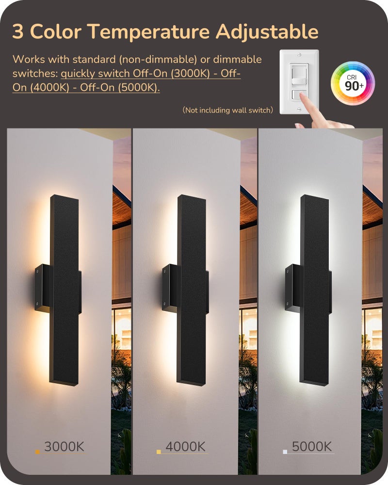 EDISHINE 2 Pack LED Outdoor Wall Lights Dimmable, 3000K 4000K 5000K, 15.7" Modern Black Outdoor Wall Sconce, IP65 Waterproof, Linear Exterior Wall Light for Entrance, Hallway, Garage, Porch - Image 4