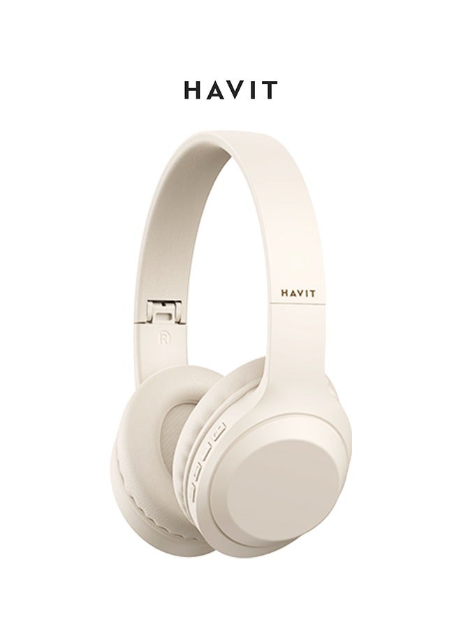 havit Foldable Bluetooth Headset, White Over-Ear Headphones, Comfortable Breathable, Protein Ear Pads, Support Wired/Wireless/Tf/Fm/Aux  - Image 2