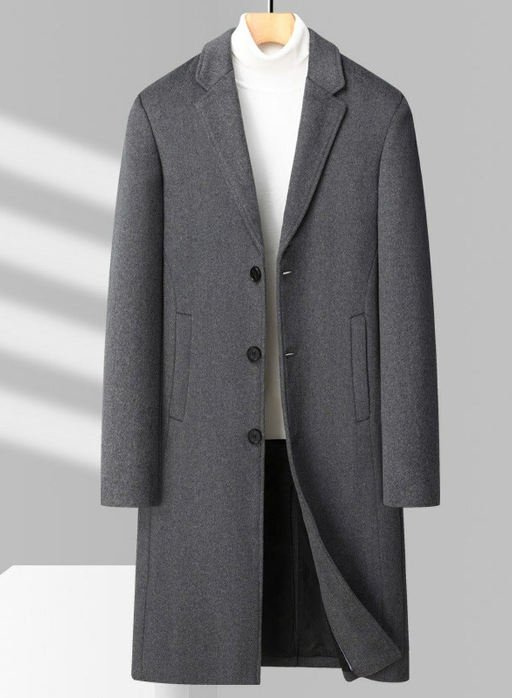 Loquat Men's Woolen Casual Trench Coat Suit Collar Long Jacket Overcoat with Pockets Grey  - Image 1