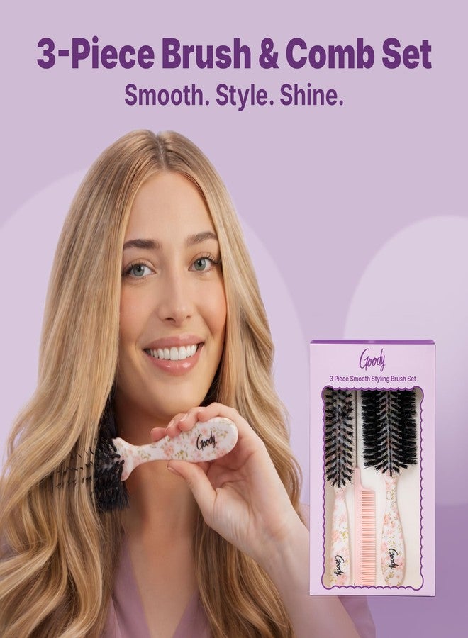 Goody 3-Piece Styling Hairbrush Set, Floral Pattern, Boar Bristle Smoothing Brush for Shine, Half-Round 180° Brush for Volume, Rat-Tail Comb for Precision, For All Hair Types, Gift for Women & Girls - Image 2