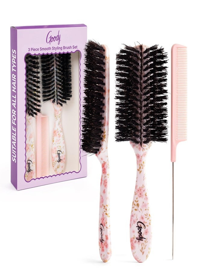 Goody 3-Piece Styling Hairbrush Set, Floral Pattern, Boar Bristle Smoothing Brush for Shine, Half-Round 180° Brush for Volume, Rat-Tail Comb for Precision, For All Hair Types, Gift for Women & Girls - Image 1