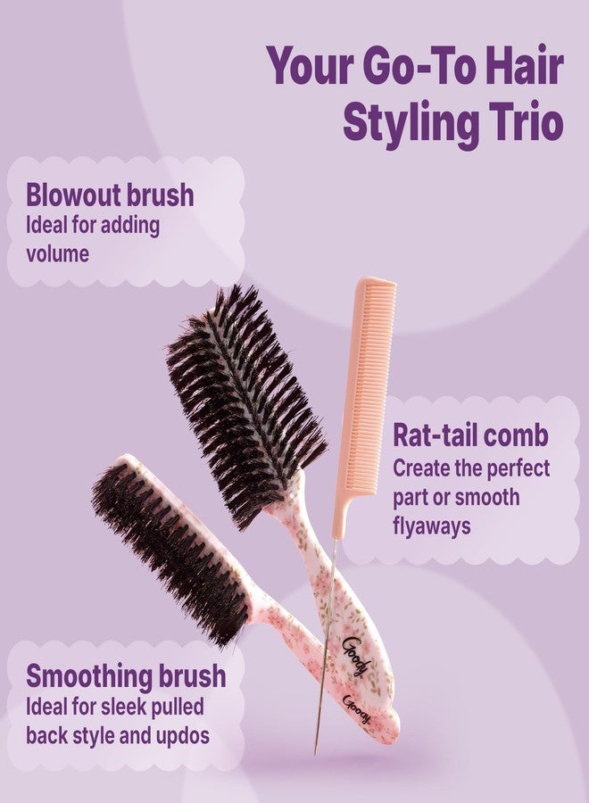 Goody 3-Piece Styling Hairbrush Set, Floral Pattern, Boar Bristle Smoothing Brush for Shine, Half-Round 180° Brush for Volume, Rat-Tail Comb for Precision, For All Hair Types, Gift for Women & Girls - Image 3