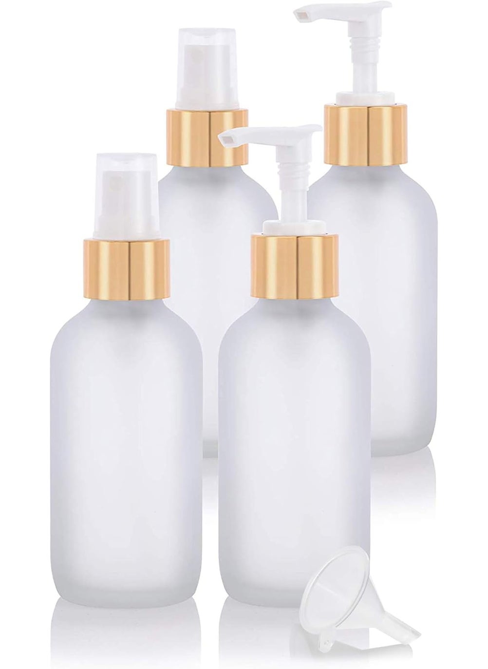 JUVITUS JUVITUS (4 Pack - 2 of each) 4 oz Frosted Clear Glass Boston Round Bottle with Gold Metal Lotion Pump and Fine Mist Sprayer + Funnel and Travel Foamer Bottle 