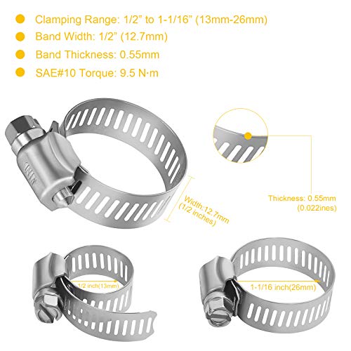 WINL Stainless Steel Hose Clamps - 16 Pack Worm Gear Drive Hose Clamps SAE 10 Clamping Range of 1/2'' to 1-1/16'' (13mm-26mm) for Automotive Plumbing,1/2 Inch, 3/4 Inch,1 Inch Clamps - Image 3