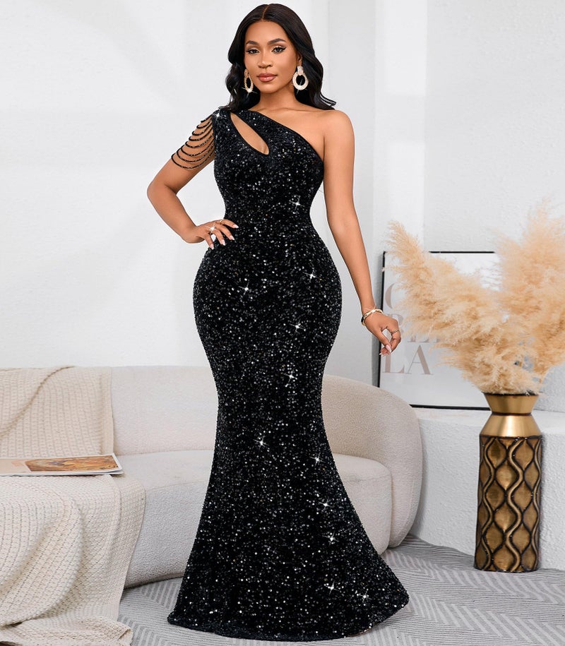 Cololura Women Sequin Elegant Sexy One Shoulder Tassel Oblique Collar Mermaid Bodycon Cocktail Evening Dress Black - Image 3