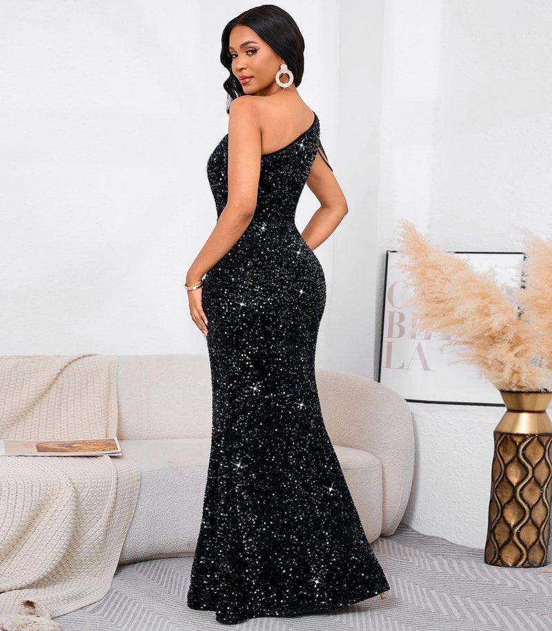 Cololura Women Sequin Elegant Sexy One Shoulder Tassel Oblique Collar Mermaid Bodycon Cocktail Evening Dress Black - Image 5