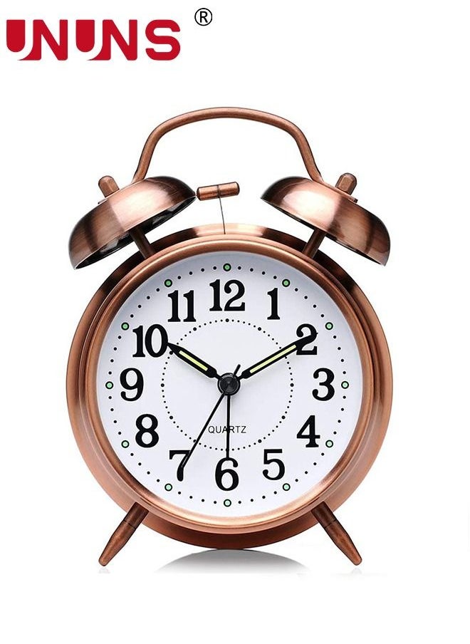 UNUNS - Loud Alarm Clock For Heavy Sleepers,4'' Twin Bell Alarm Clock With Backlight,Metal Frame 3D Dial,Desk Table Clock For Bedroom And Home Decoration(Red-Brown) - Image 1