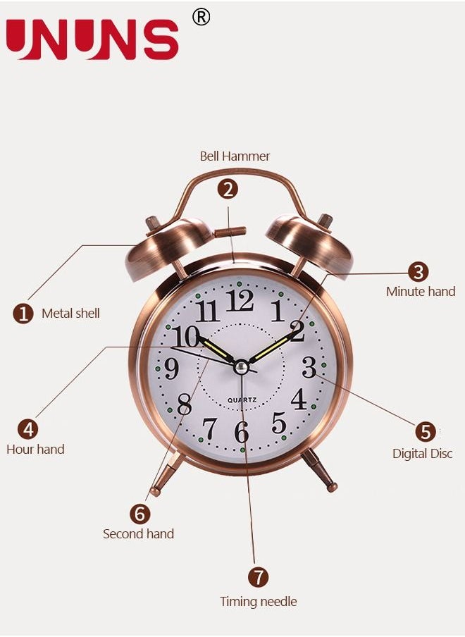 UNUNS - Loud Alarm Clock For Heavy Sleepers,4'' Twin Bell Alarm Clock With Backlight,Metal Frame 3D Dial,Desk Table Clock For Bedroom And Home Decoration(Red-Brown) - Image 1