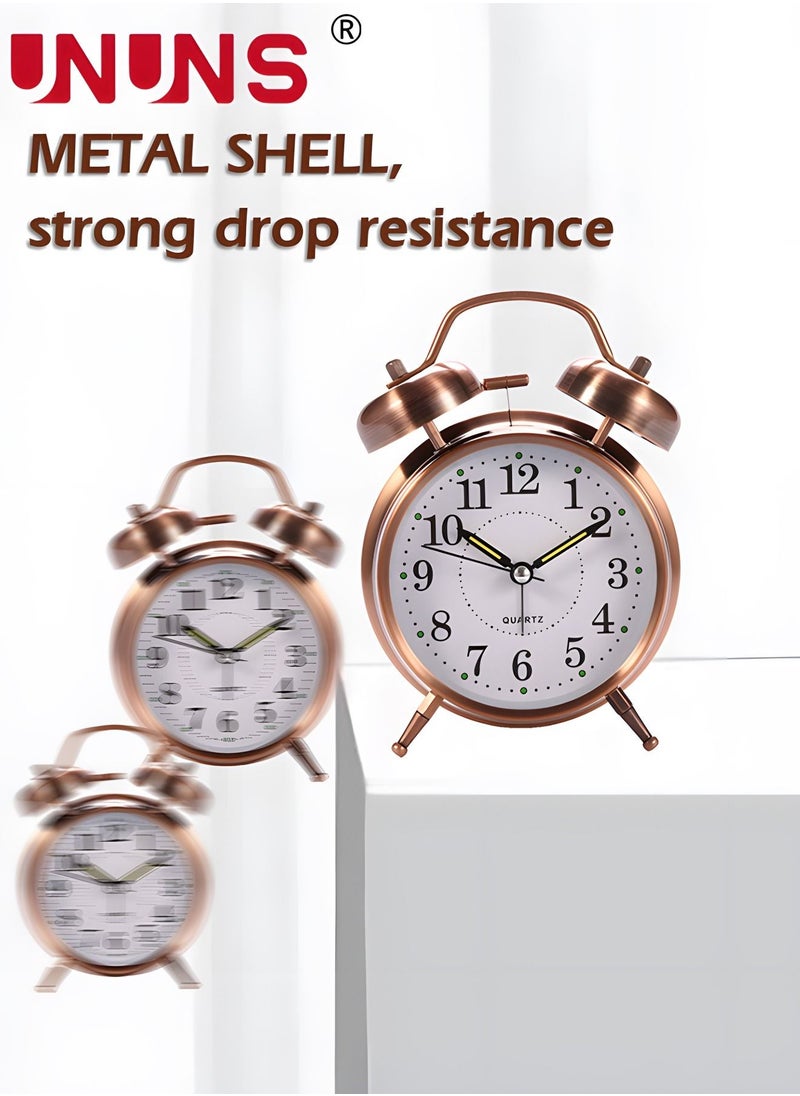 UNUNS - Loud Alarm Clock For Heavy Sleepers,4'' Twin Bell Alarm Clock With Backlight,Metal Frame 3D Dial,Desk Table Clock For Bedroom And Home Decoration(Red-Brown) - Image 1