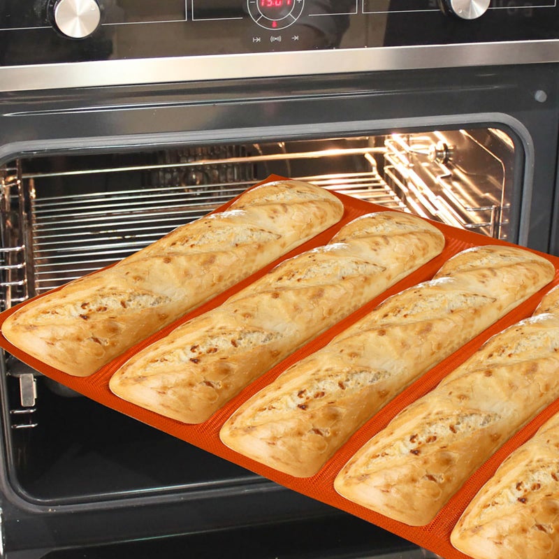 FETESUR Silicone Perforated Baking Forms Sandwich Mold French Baguette Bread Pan Food Mat 5 Loaf Non-Stick Baking Liners (Orange) - Image 3