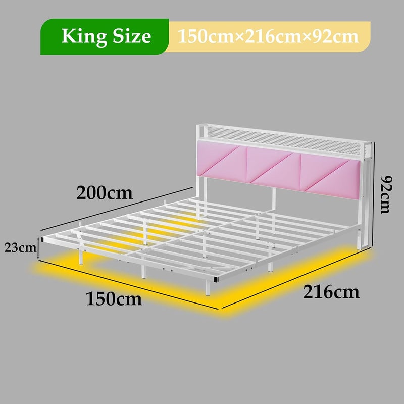 سرير عائم بحجم كينج مع إضاءة LED ومحطة شحن USB، إطار سرير معدني بحجم كينج 150x200 سم مع لوحة رأس مبطنة باللون الوردي بطول 5 أقدام وتخزين، شرائح معدنية متينة، خالٍ من الضوضاء - Image 2