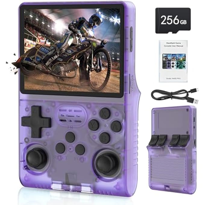 [30000 IN 1] R40S PRO HANDHELD GAME CONSOLE 3.5 INCH IPS SCREEN MINI RETRO CONSOLE 3800MAH PORTABLE POCKET ARCADE 12+ MAINSTREAM EMULATOR 256G TF CARD TRANSPARENT.(PURPLE) - Image 1