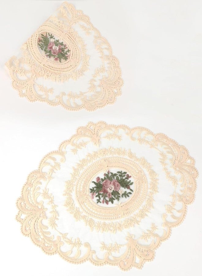 RupeeRise 2 Pcs Round Table Matse, Vintage Lace Cloth for Dining Table, Study Table,Handmade Embroidered Table Mats(42cm/16.5in*30cm/12in)（Beige） - Image 1