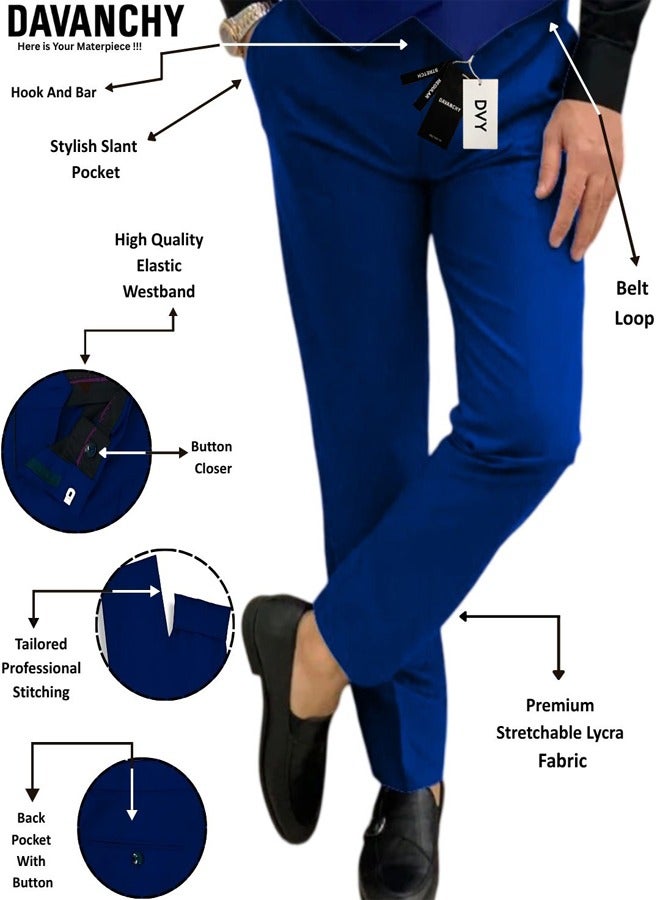 DAVANCHY Men Royal Blue Stylish Pant Classic Tailored Fit Pant Formal Wedding Wear Trouser Trendy Solid Pant Best Gift For Him  - Image 3