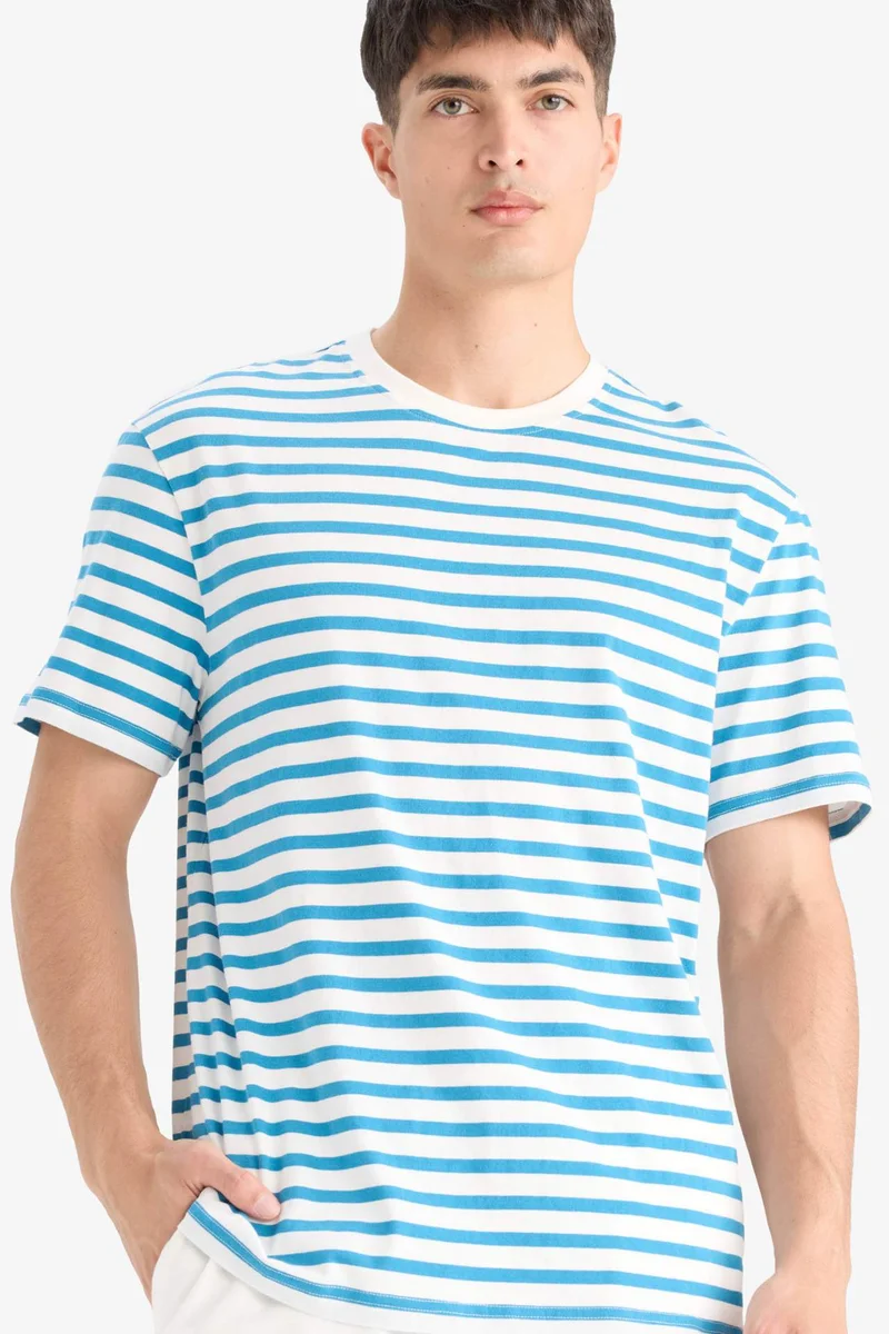 ديفاكتو Cotton Regular Fit Crew Neck Cotton Striped T-Shirt