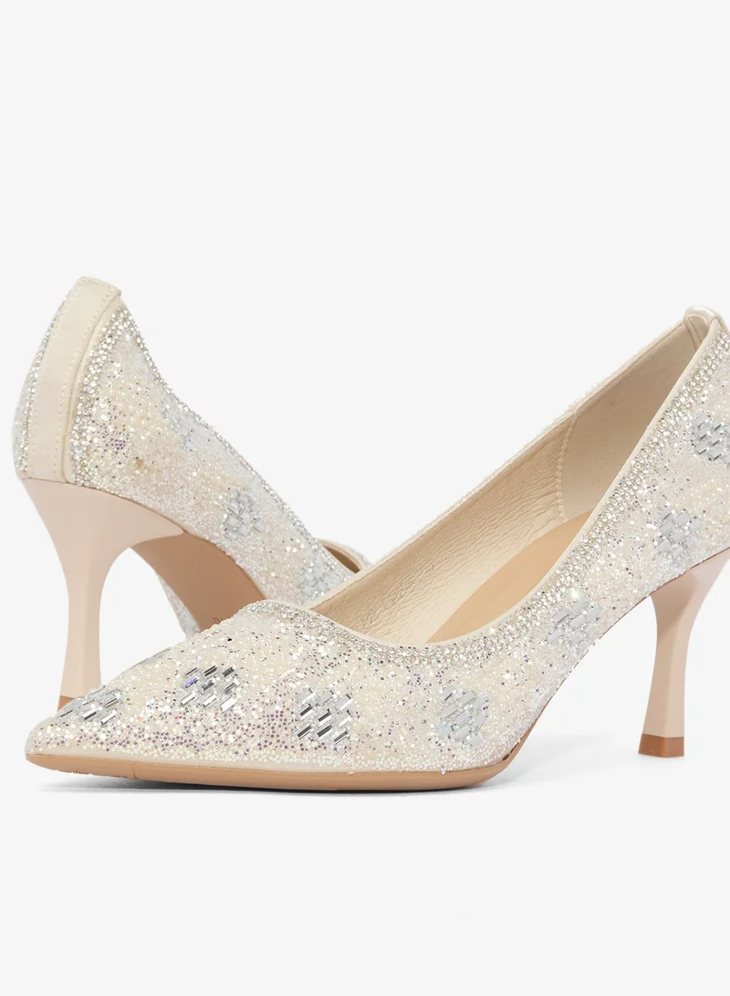 Ella Limited Edition Silver Rhinestone Embellished Detail Mid Heel Pumps for Women | Best Price UAE