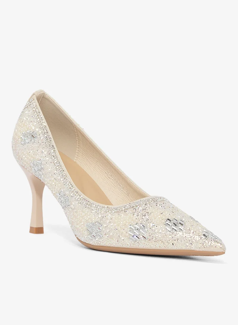 Ella Limited Edition Silver Rhinestone Embellished Detail Mid Heel Pumps for Women | Best Price UAE