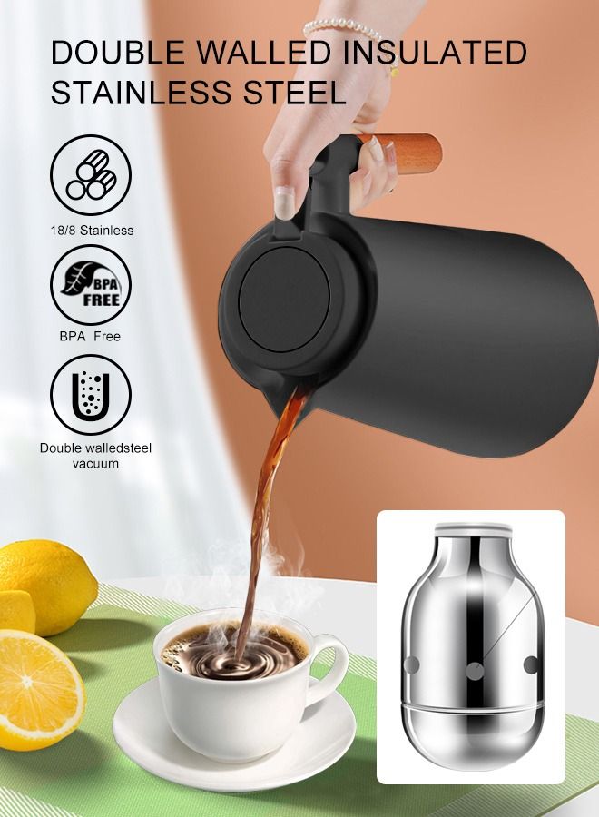 Thermal Coffee Carafes for Keeping Hot,36Oz Large Capacity Insulated Thermos for Hot Drinks,24 Hours Heat Retention,Double Wall Vacuum Coffee Thermos with Solid Wood Handle and Clean Brush(Black)