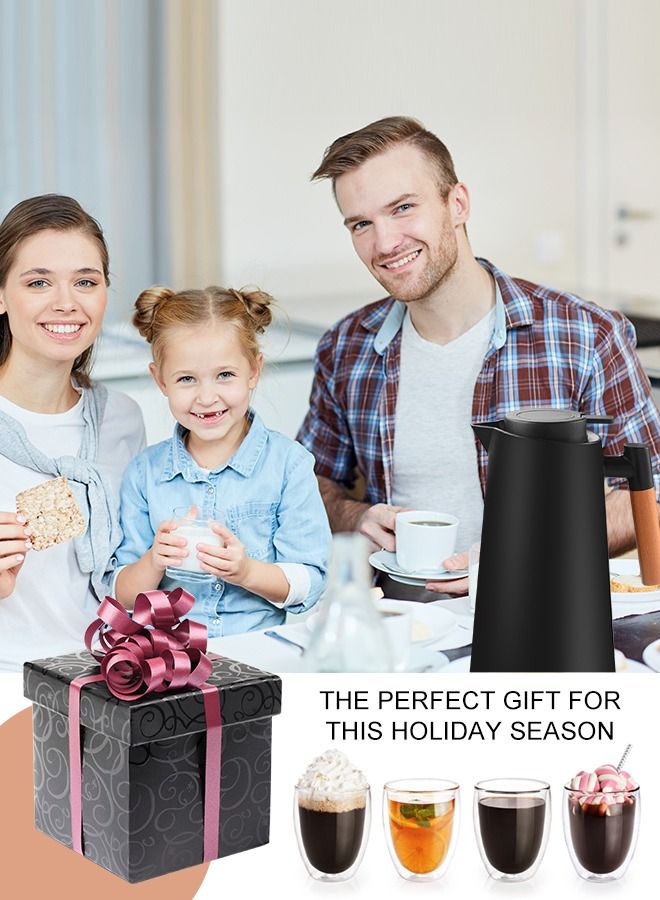 Thermal Coffee Carafes for Keeping Hot,36Oz Large Capacity Insulated Thermos for Hot Drinks,24 Hours Heat Retention,Double Wall Vacuum Coffee Thermos with Solid Wood Handle and Clean Brush(Black)