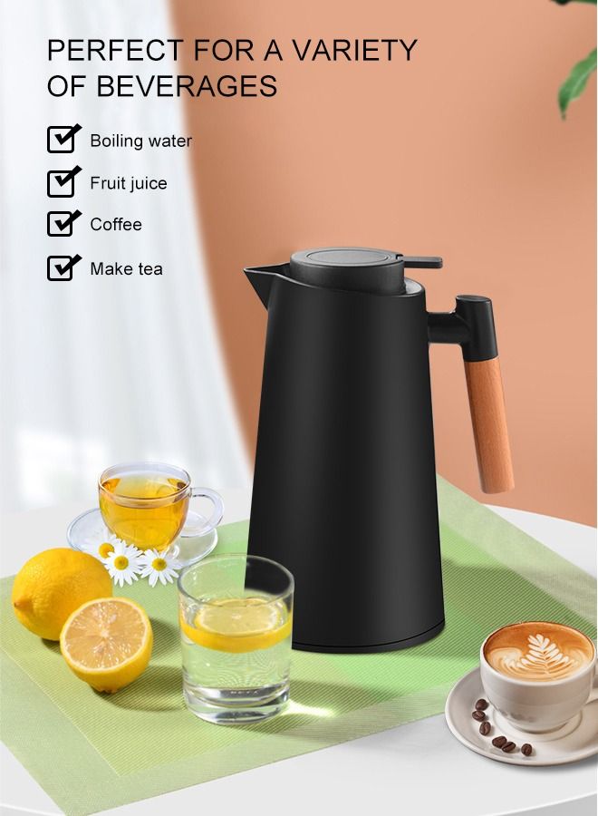 Thermal Coffee Carafes for Keeping Hot,36Oz Large Capacity Insulated Thermos for Hot Drinks,24 Hours Heat Retention,Double Wall Vacuum Coffee Thermos with Solid Wood Handle and Clean Brush(Black)