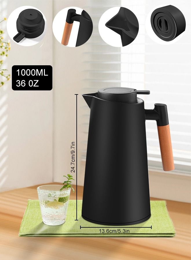 Thermal Coffee Carafes for Keeping Hot,36Oz Large Capacity Insulated Thermos for Hot Drinks,24 Hours Heat Retention,Double Wall Vacuum Coffee Thermos with Solid Wood Handle and Clean Brush(Black)