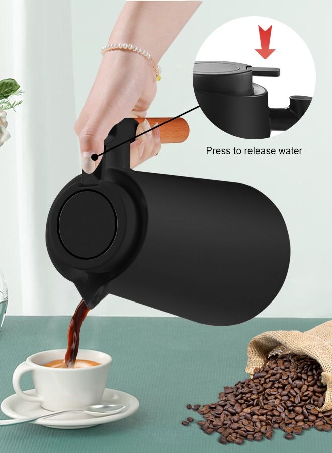 Thermal Coffee Carafes for Keeping Hot,36Oz Large Capacity Insulated Thermos for Hot Drinks,24 Hours Heat Retention,Double Wall Vacuum Coffee Thermos with Solid Wood Handle and Clean Brush(Black)