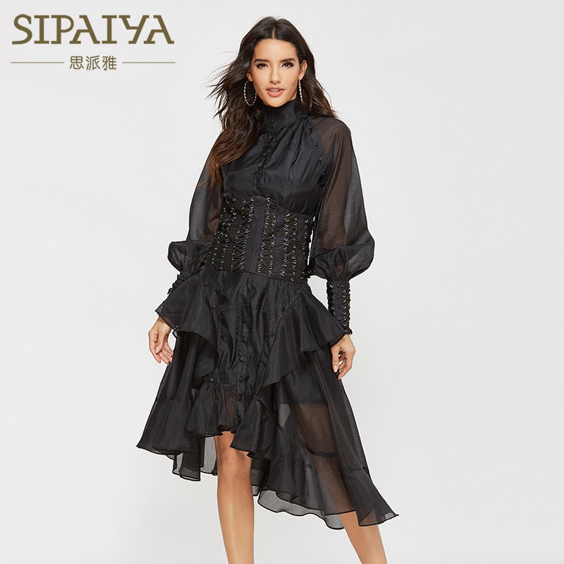Thirteen Lines Spring and Autumn New European and American Court Womens High-end Heavy Industry Mid-skirt Irregular Waist Seal Printed dress Color - Image 3