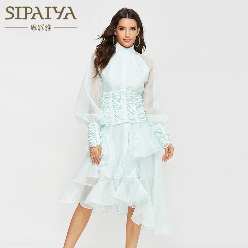 Thirteen Lines Spring and Autumn New European and American Court Womens High-end Heavy Industry Mid-skirt Irregular Waist Seal Printed dress Color - Image 2