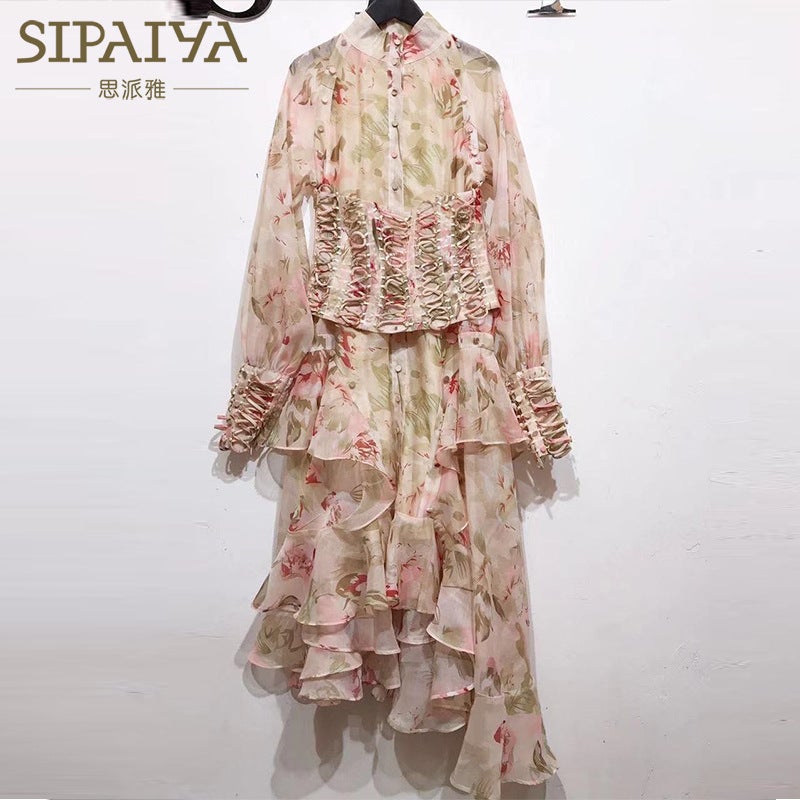Thirteen Lines Spring and Autumn New European and American Court Womens High-end Heavy Industry Mid-skirt Irregular Waist Seal Printed dress Color - Image 1