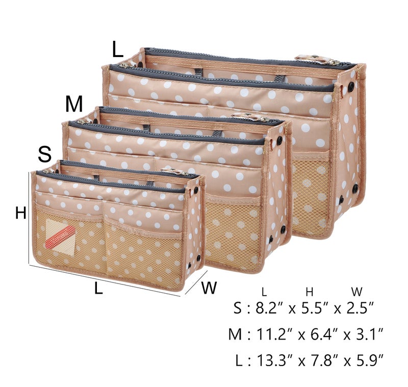 Vercord Updated Purse Handbag Organizer Insert Liner Bag in Bag 13 Pockets Beige Dot Large - Image 2