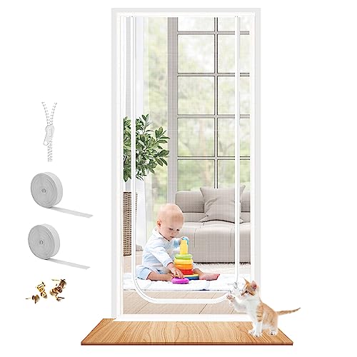 Dixutzi Reinforced Cat Screen Door Fits Door Size 32x 80 Heavy Duty Pets Proof Screen Door with Zipper Prevent Dogs Cats Running Out from Home White - Image 1