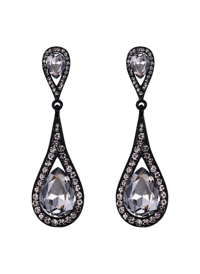 EVER FAITH - Women'S Rhinestone Crystal Dangle Earrings, Art Deco Bridal Prom Waterdrop Banquet Pierced Earrings Grey Black-Tone - Image 1