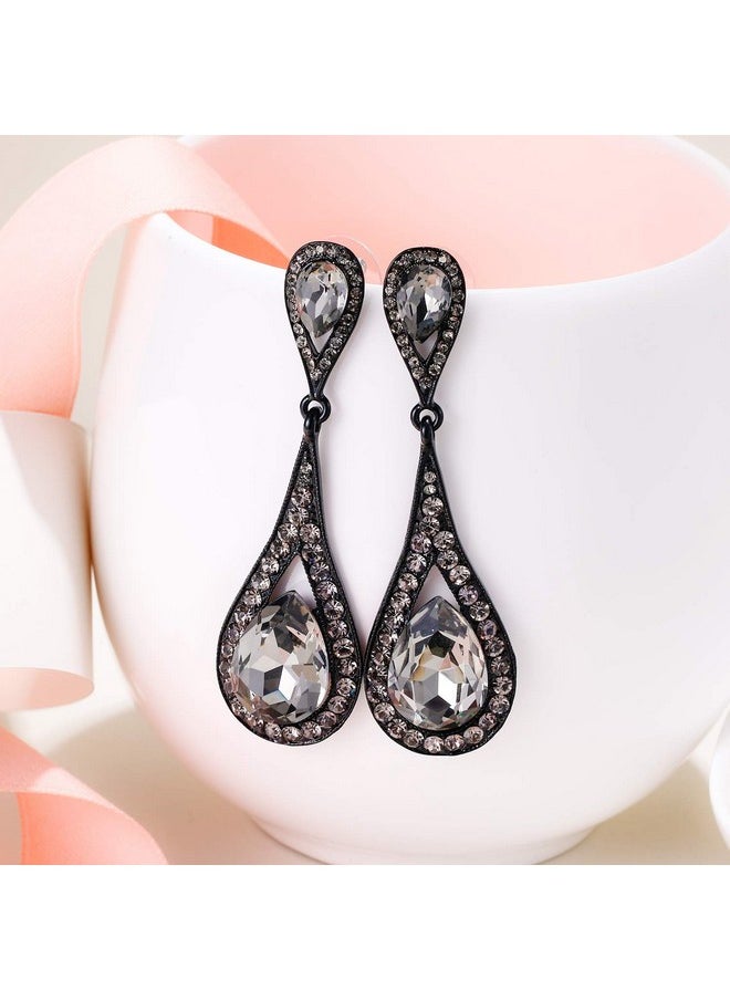 EVER FAITH - Women'S Rhinestone Crystal Dangle Earrings, Art Deco Bridal Prom Waterdrop Banquet Pierced Earrings Grey Black-Tone - Image 1