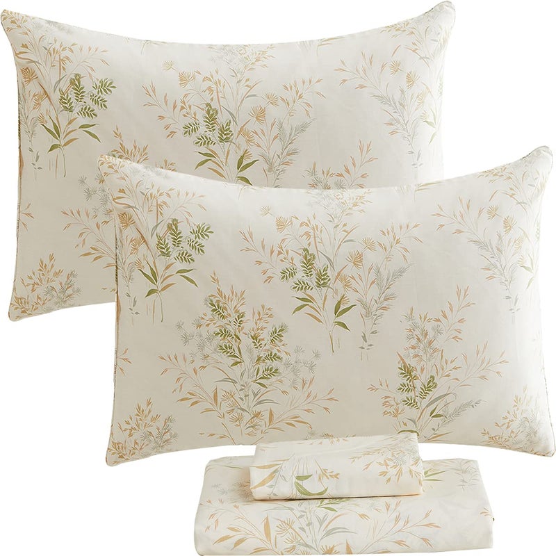 FADFAY Queen Bed Sheet Sets Floral Leaves Bed Sheet Set Premium 100 Cotton 600 TC Green  Cream Flower Bedding Botanical Pastel Printed Soft Deep Pocket Fitted Sheet 4Pcs Queen