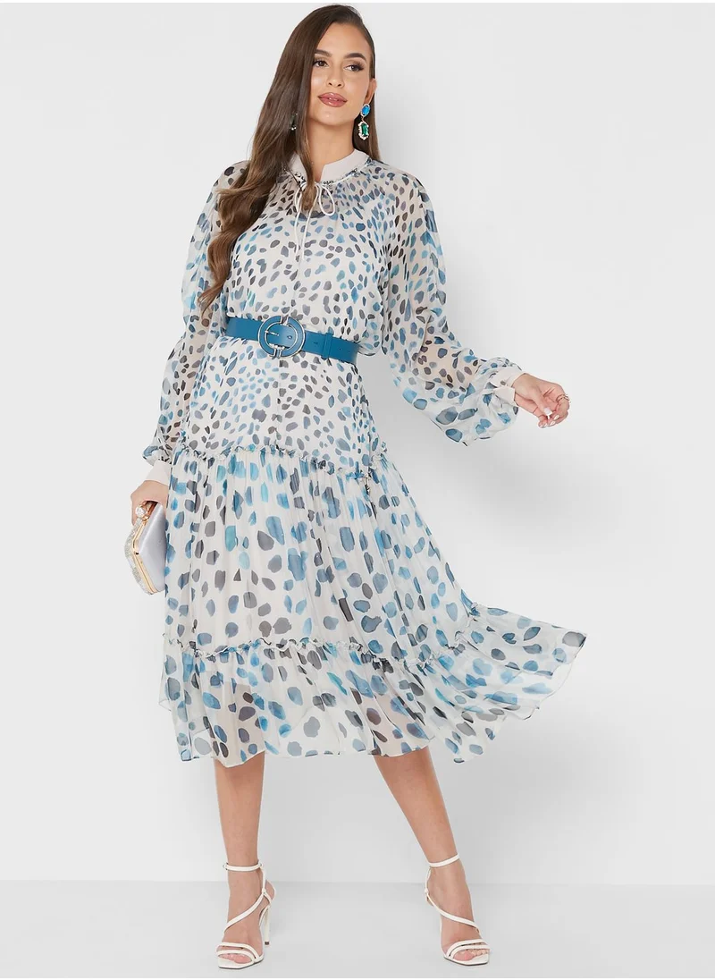 List Belted Puff Sleeve Tiered Dress