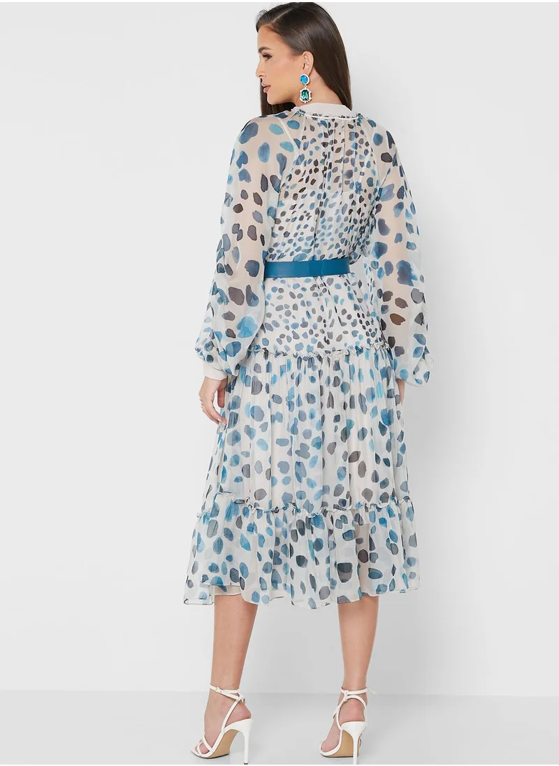 List Belted Puff Sleeve Tiered Dress