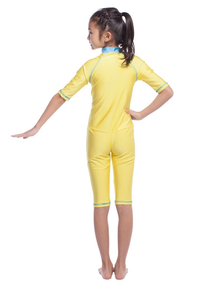 Loquat Girl's Jumpsuits  Swimwear Short Sleeve Zipper Burkini Swimsuit Yellow/Blue - Image 2