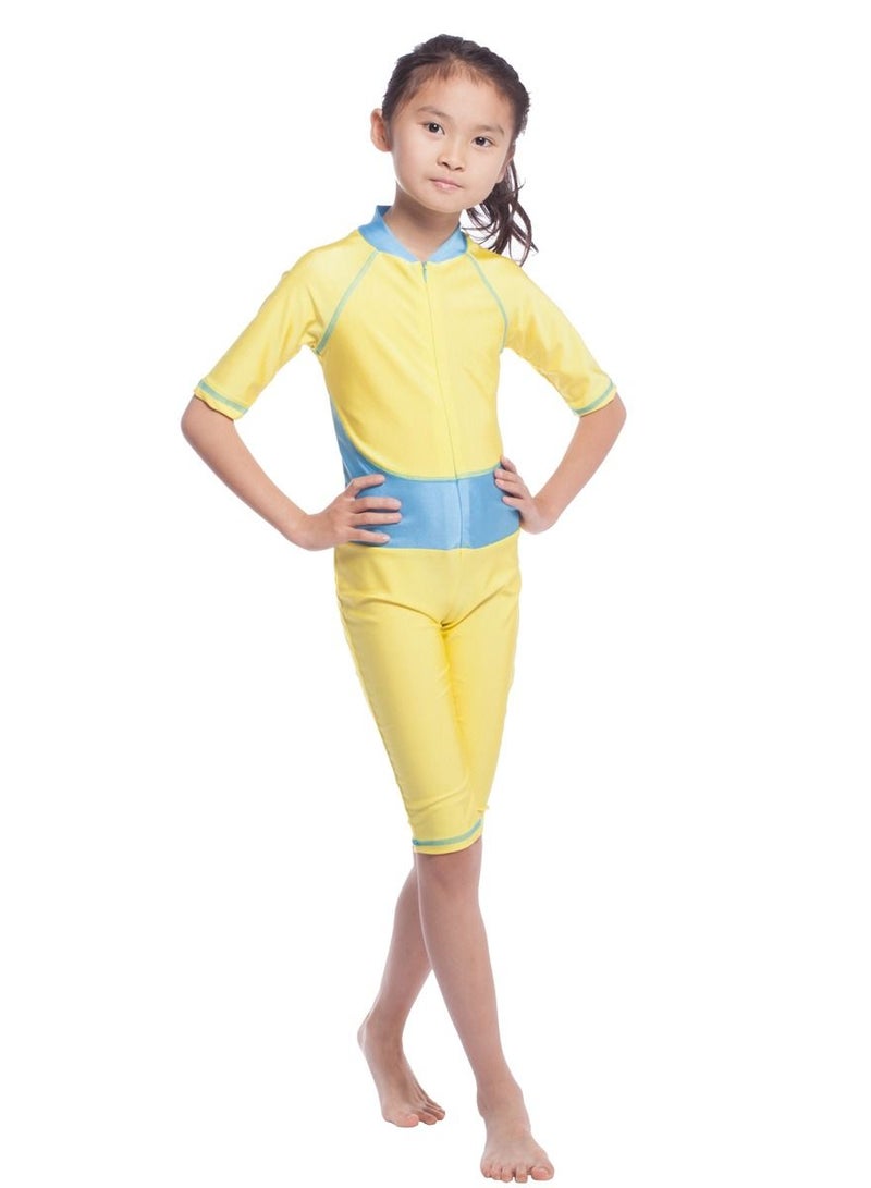 Loquat Girl's Jumpsuits  Swimwear Short Sleeve Zipper Burkini Swimsuit Yellow/Blue - Image 1